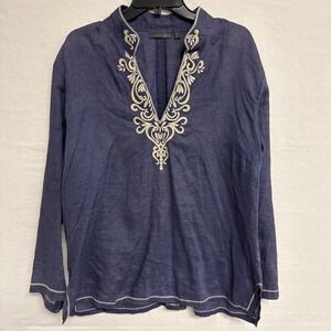 amber sun 100% Linen Tunic Top Blue W/Gray Embroidered Neck Machine Washable
